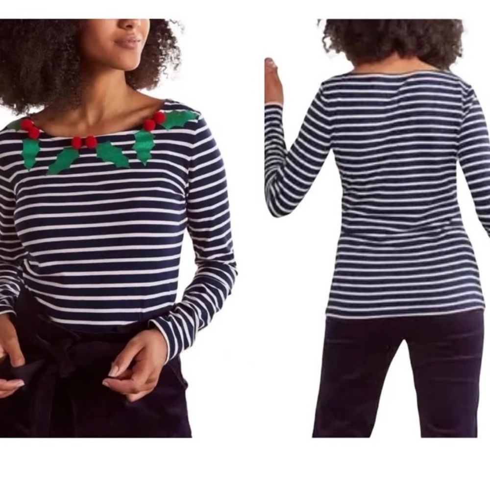 Navy Striped Boden Breton Women's Top with Holly Accents size 2